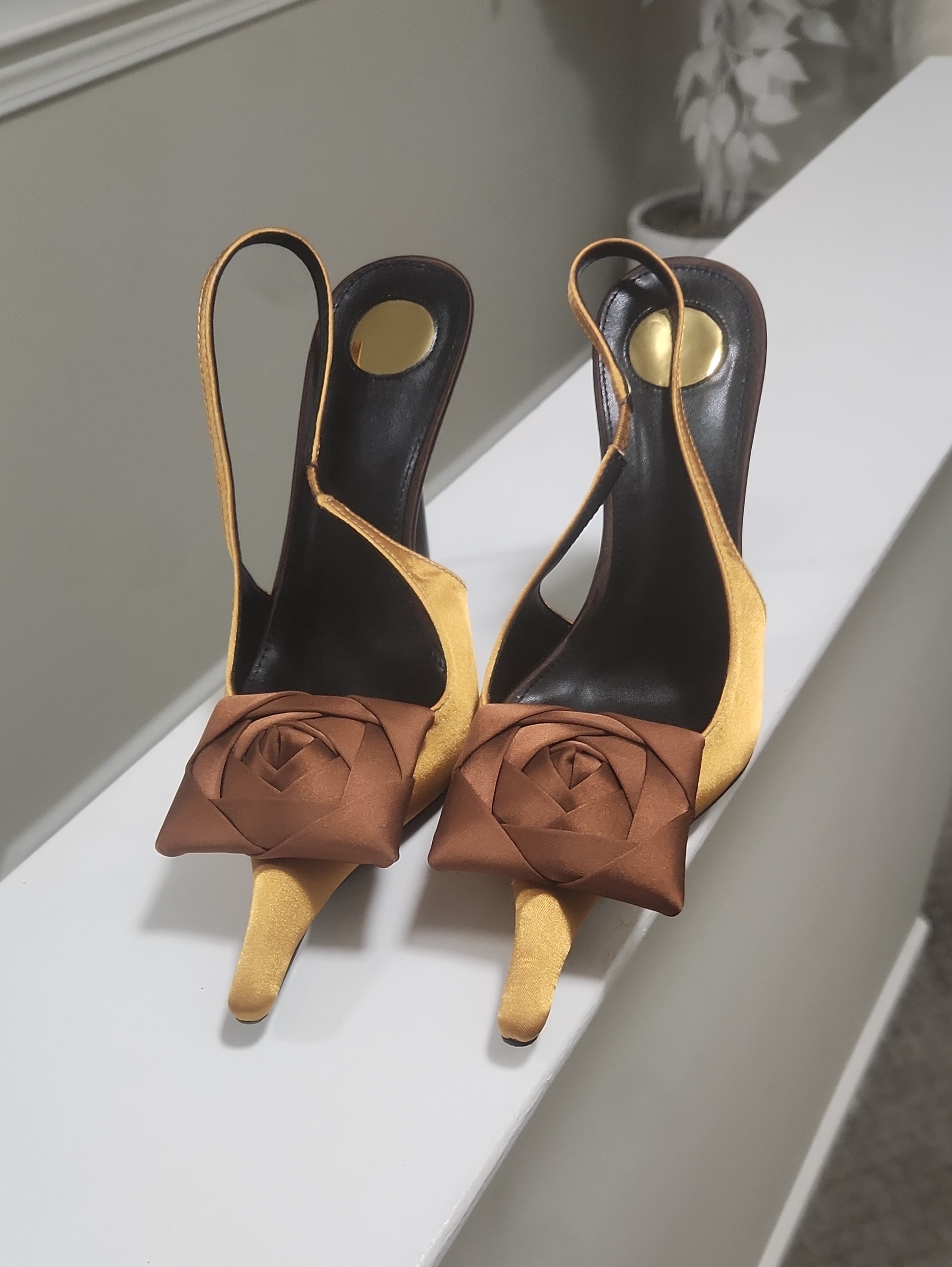 Gold Satin Slingback Heels With Brown Rose Accent